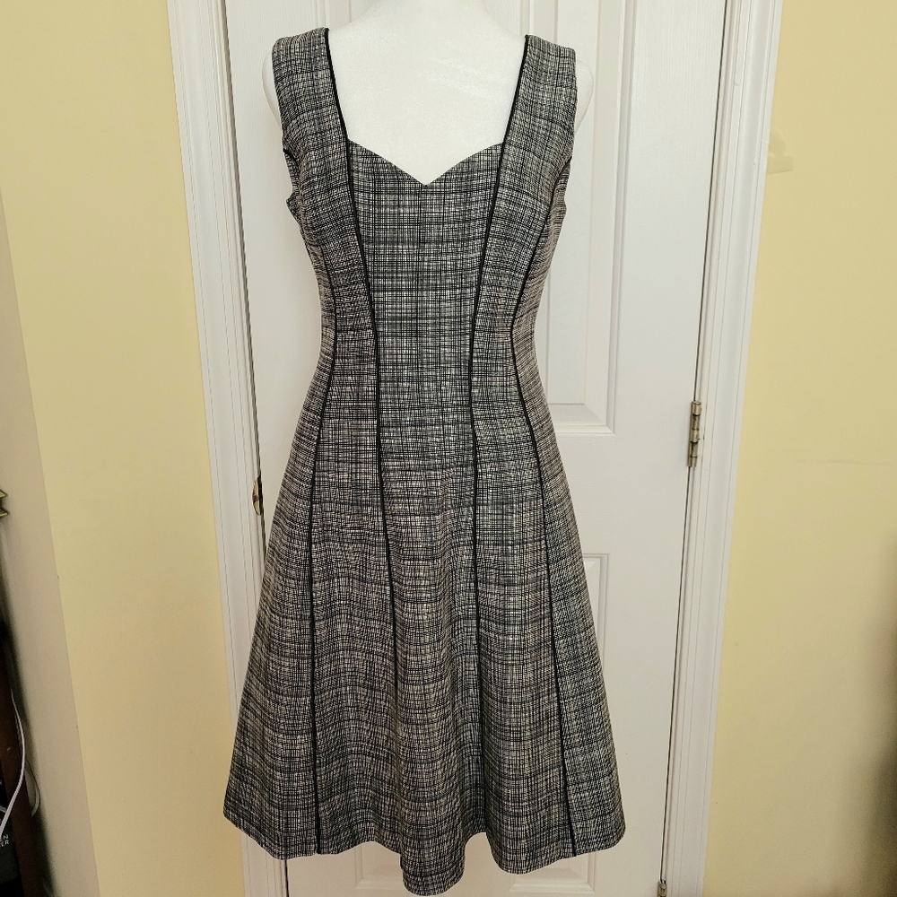 Review Grey Tailored Dress Crosshatch Hash Sweetheart Sleeveless Knee Mini S XS